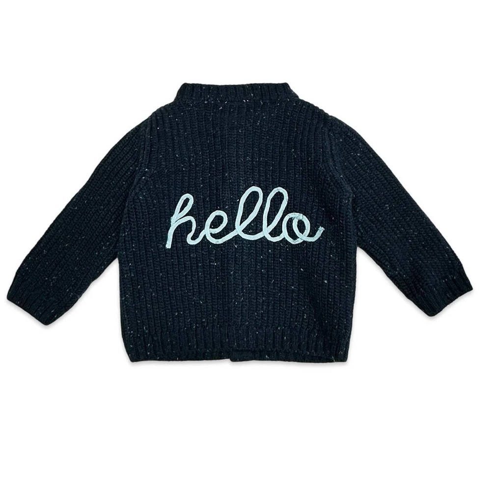HELLO Baby Toddler Embroidered Cardigan Sweater Navy Blue  Organic Cotton